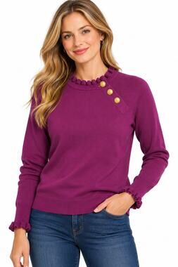 Talbots Petite SP Purple Ruffle Neck Gold Button Sweater Cotton